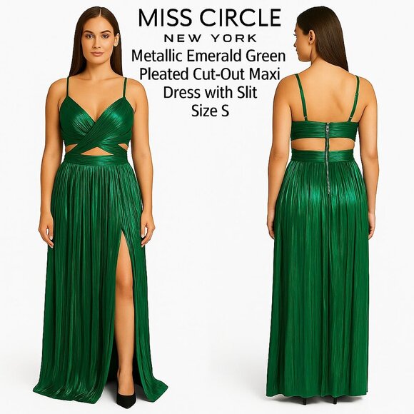 Miss Circle New York Metallic Emerald Green Pleated Cut-Out Maxi Dress Size S - Picture 1 of 10